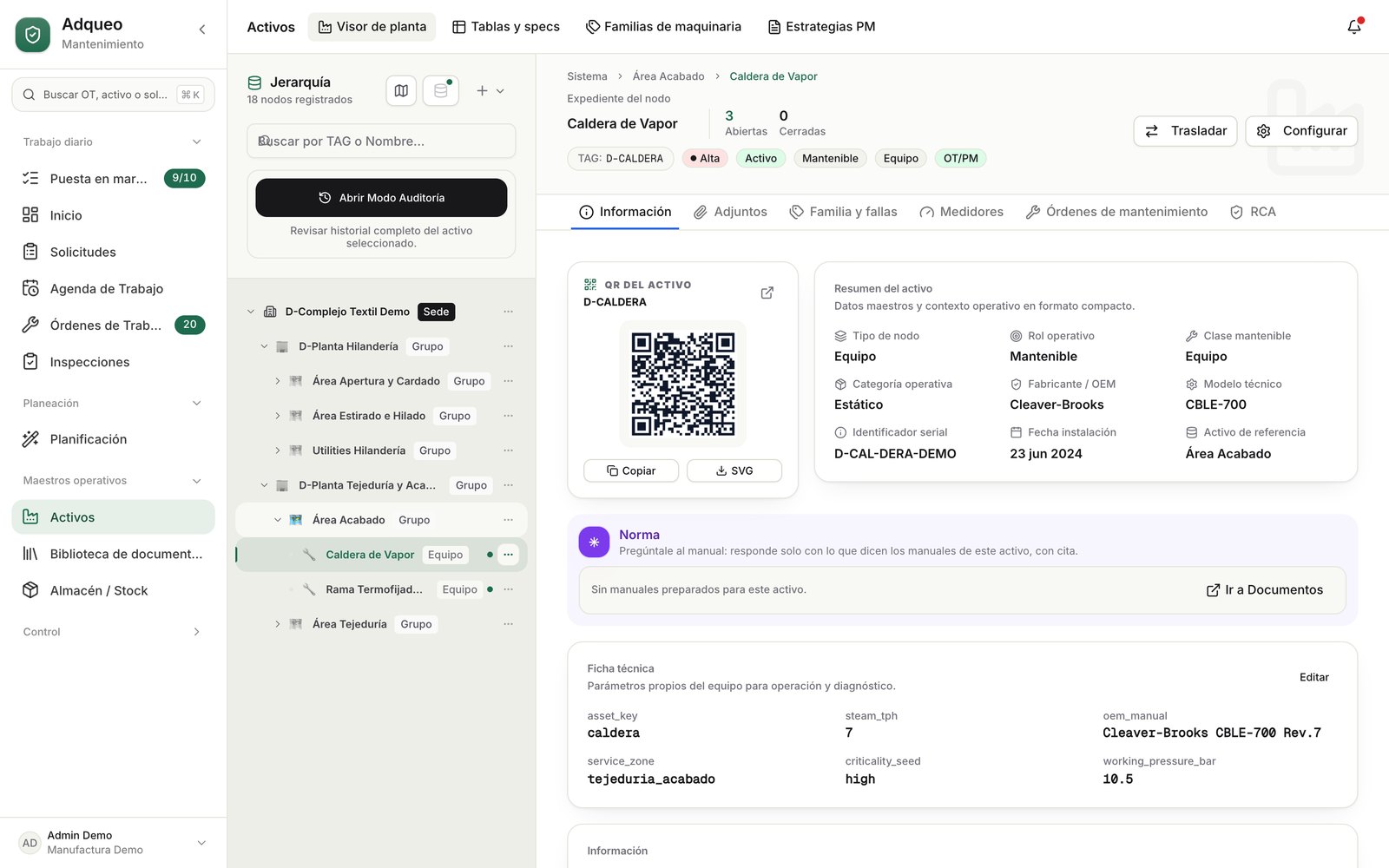 Adqueo CMMS: árbol de activos con la ficha de una caldera de vapor, con su expediente, sus etiquetas y el resumen del equipo.