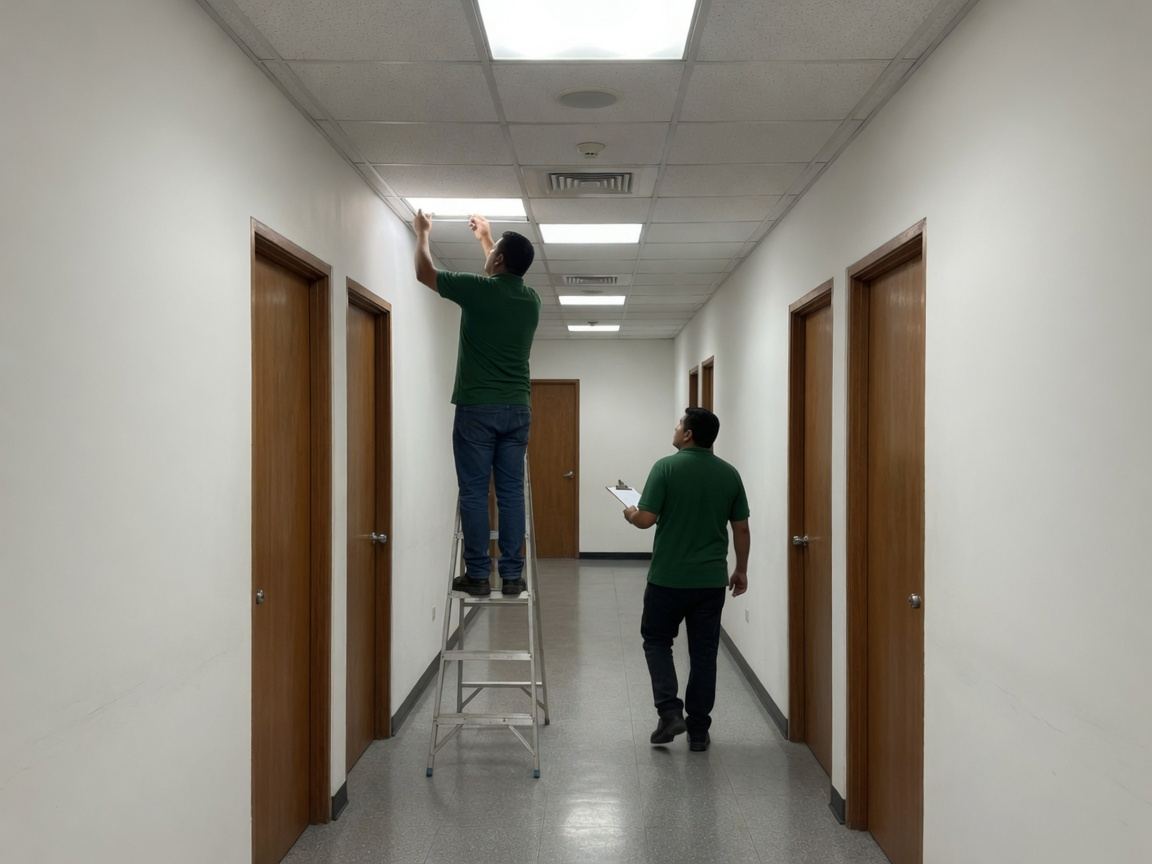 Ronda de mantenimiento en el pasillo de un edificio de oficinas: un técnico revisa una luminaria desde una escalera y otro anota en un portapapeles
