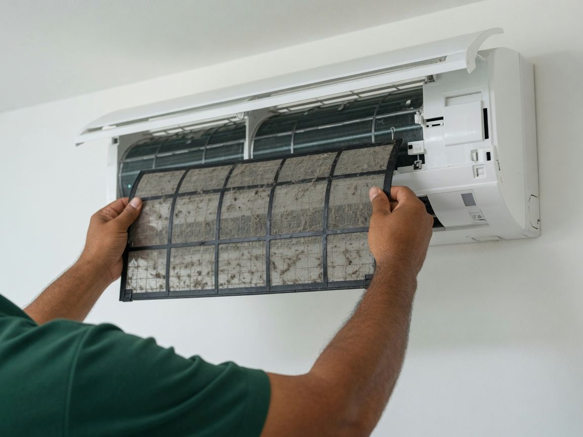 Un técnico con camisa verde retira de un aire acondicionado de pared el filtro sucio, cubierto de polvo, para limpiarlo