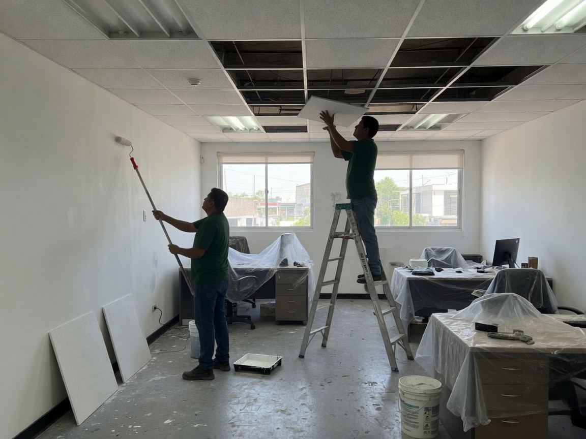 Técnicos con camisa verde pintan una pared y colocan placas de cielo falso en una oficina con los escritorios cubiertos